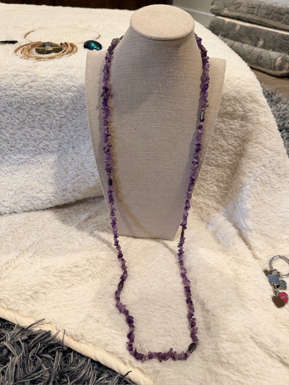 Vintage Genuine Amethyst Nugget & Sterling Silver Beads Necklace 40" Long